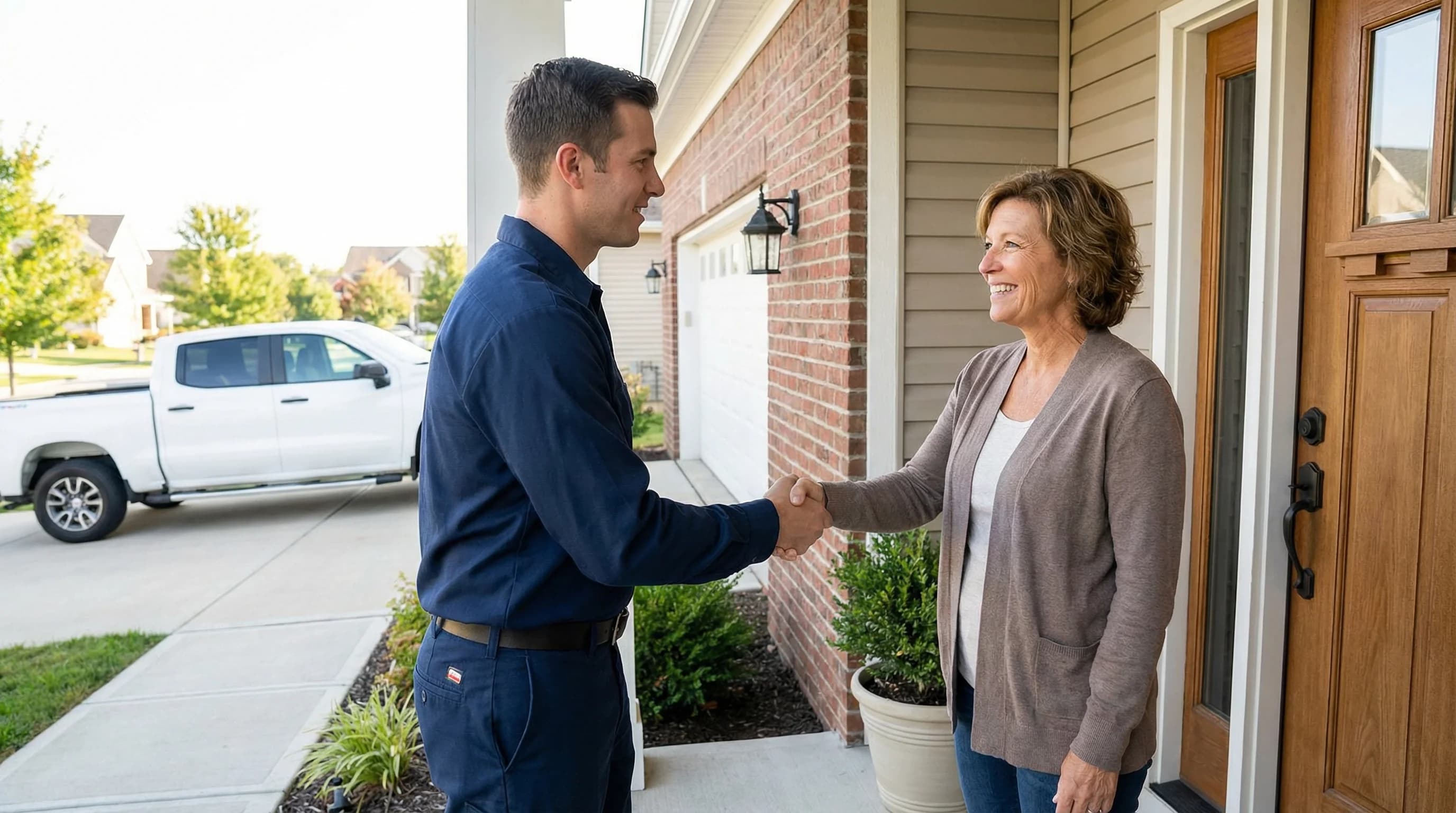 Plumber shaking hands with a happy homeowner